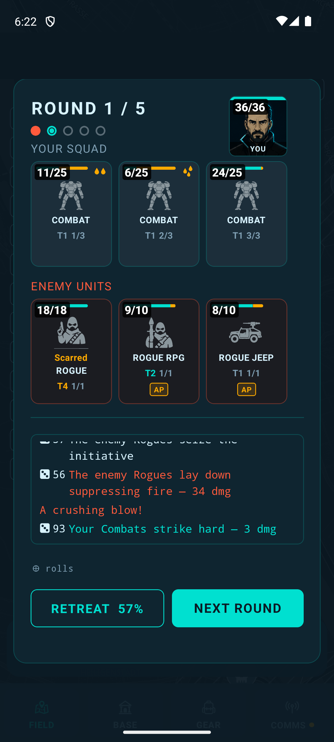 Round-based combat: a squad of three combat units fighting a Barony rogue patrol