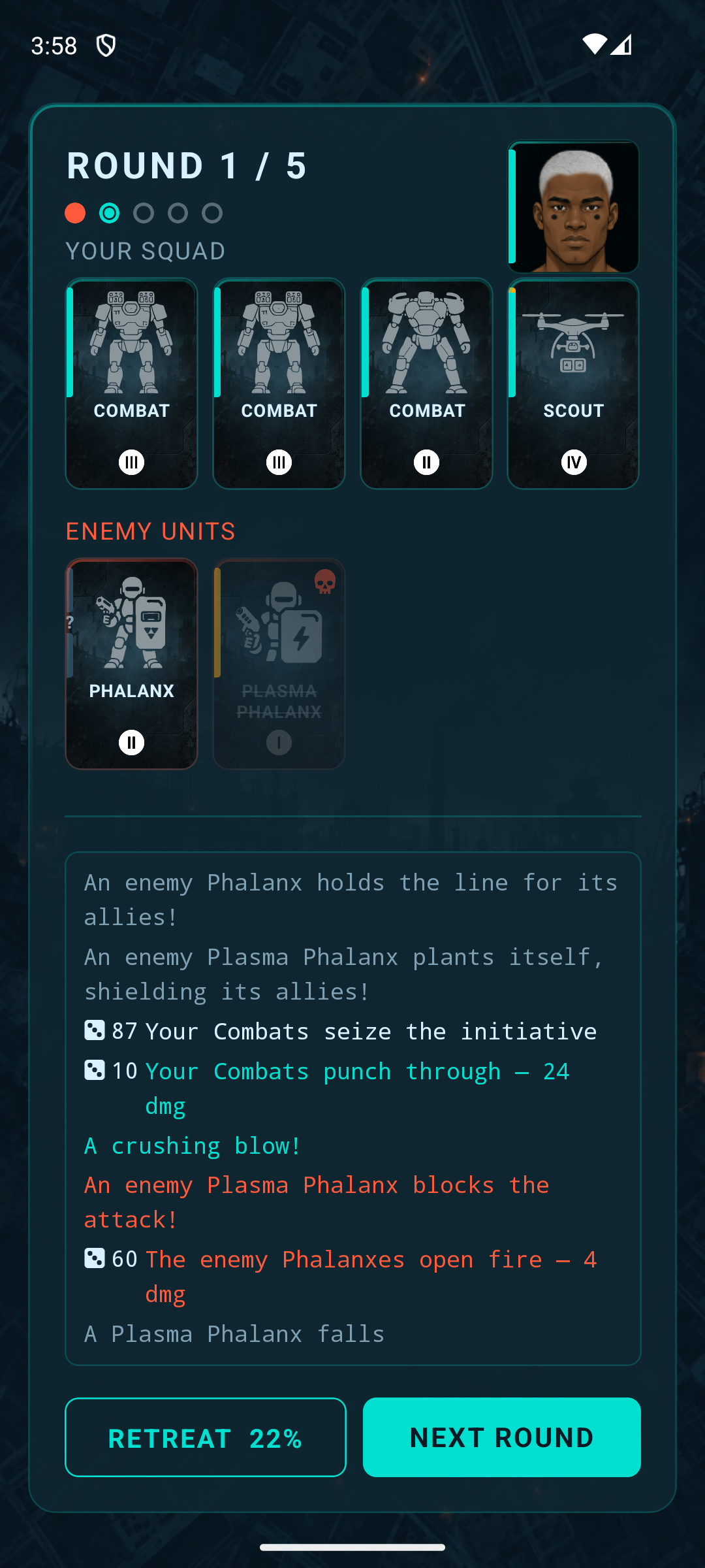 Round-based combat: a squad of three combat units and a scout fighting a Continuity Phalanx and Plasma Phalanx