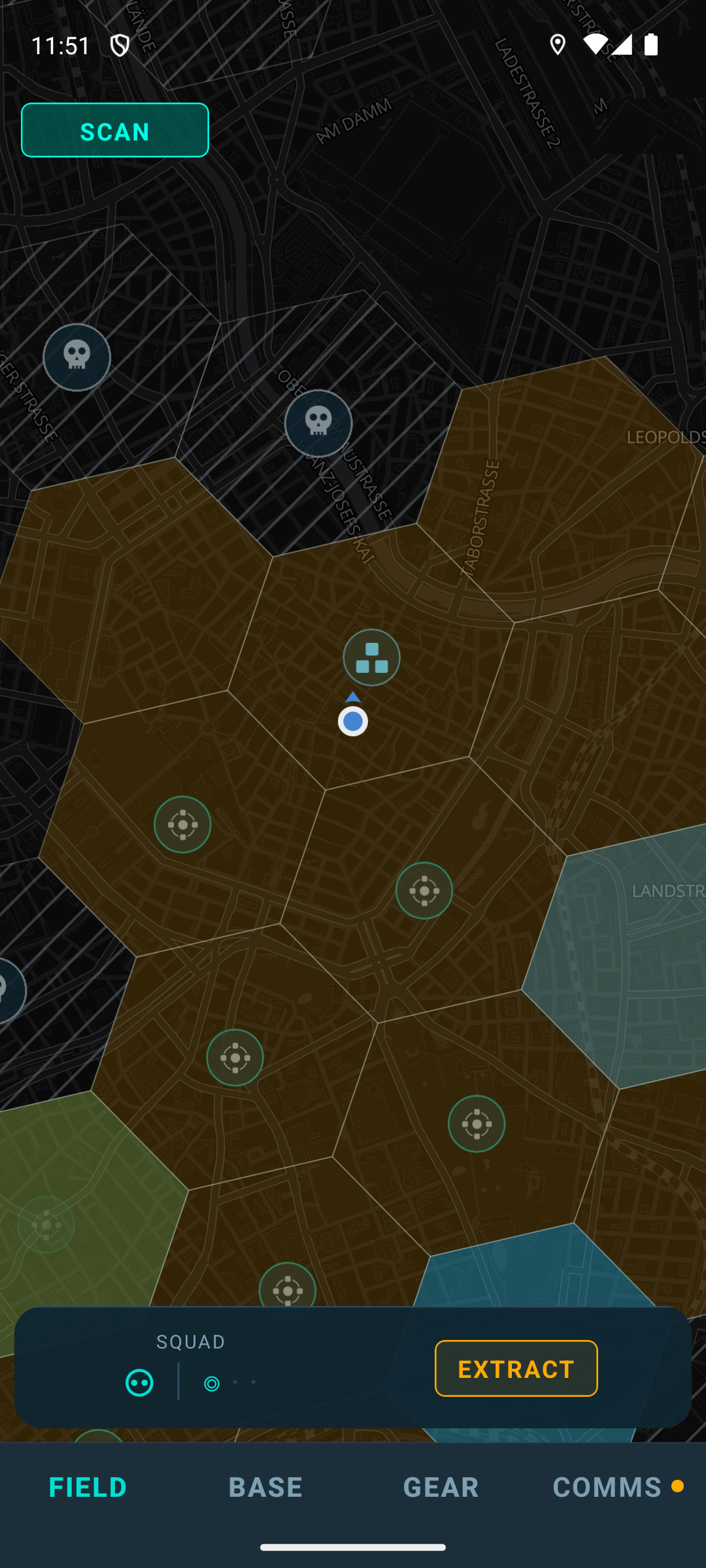 The SHIFT map: a hex grid laid over the real city, with the player at the centre